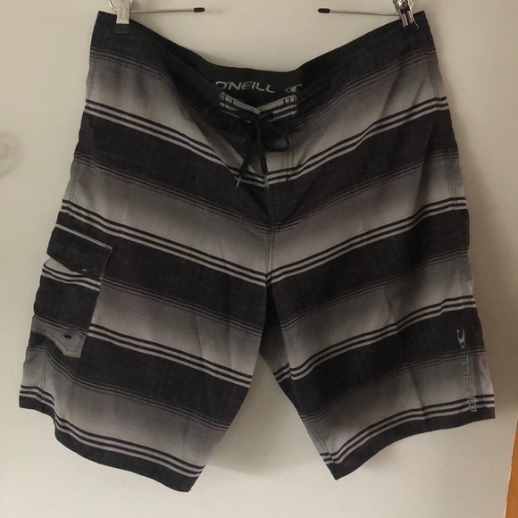 O’Neill Men’s Board Shorts Size 40 Swim Trunks Gray Black Stripes Pocket Beach - Picture 1 of 15
